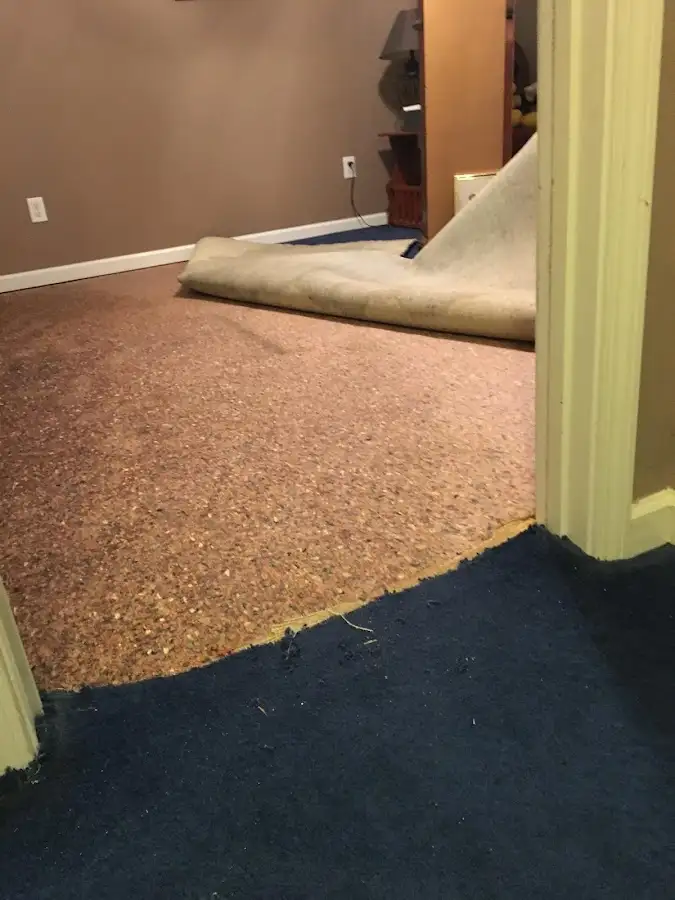 Carpet pad removal revealing water damage during Water Mitigation Services in Batesburg-Leesville
